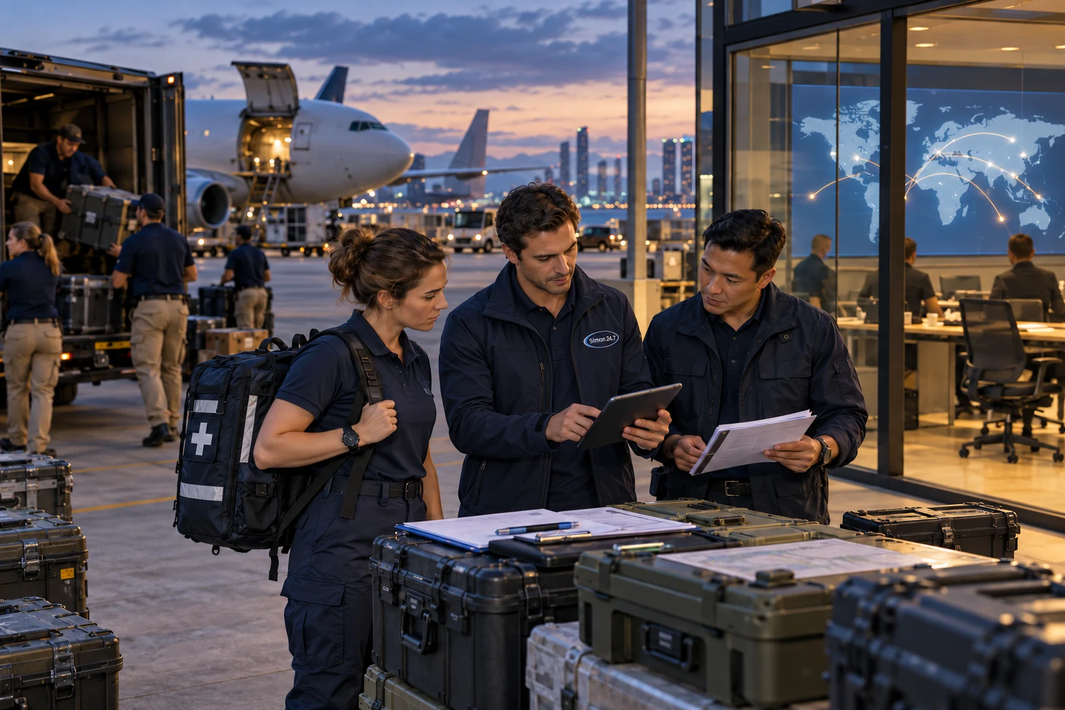 AI illustration of a multidisciplinary team coordinating medical resources, personnel and logistics at an international deployment hub